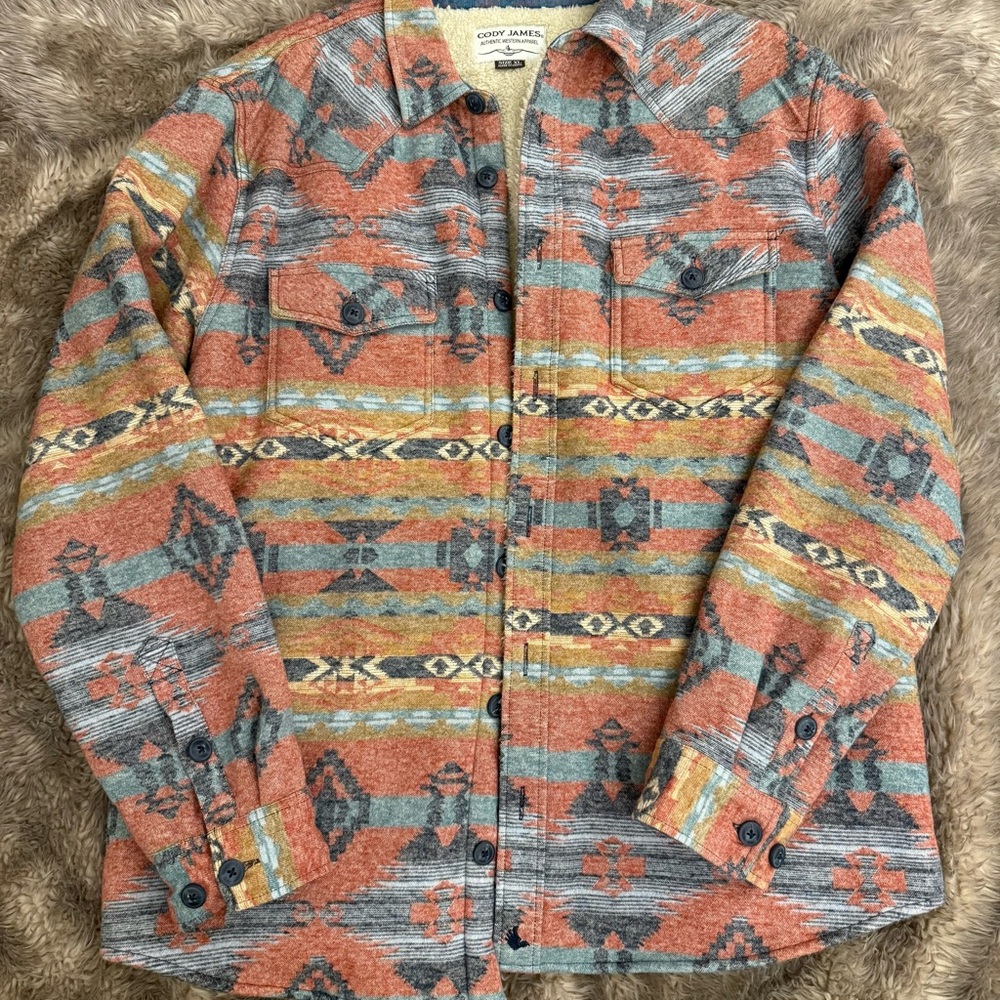 CODY JAMES MEN'S EMMONS SHERPA LINED SOUTHWESTERN STRIPED FLANNEL SHIRT JACKET